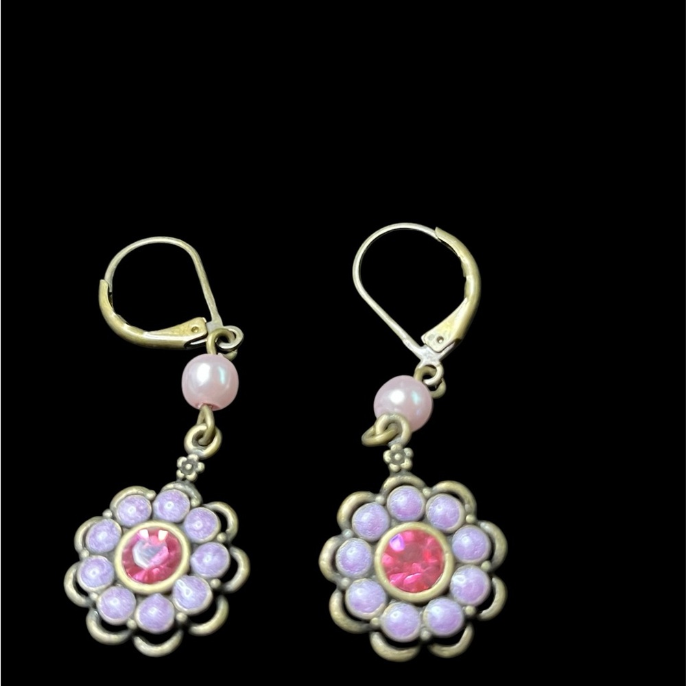 115 Avon Pink & Lavender Floral Drop Earrings with Pearl Accent
